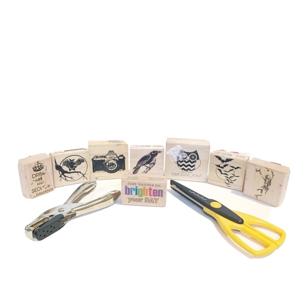 Wooden Stamps and Design Scissors Hole Punch Set Owl Camera Bird School Teacher